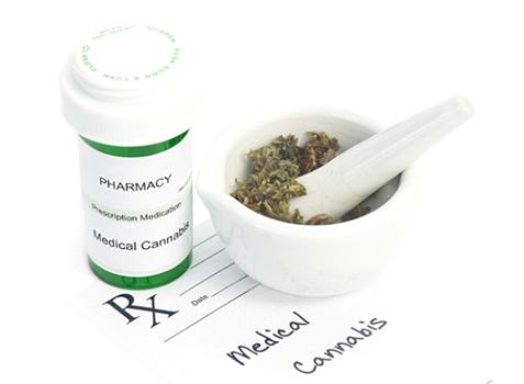 Medical marijuana prescription and bottle against white background